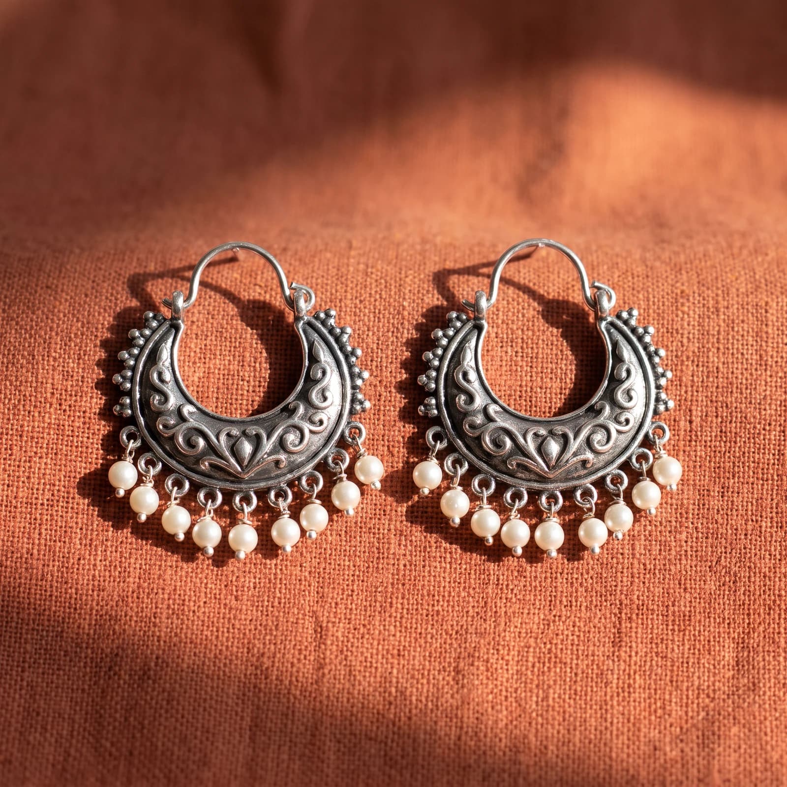 Oxidised Silver Chandbali · Pearl Drops