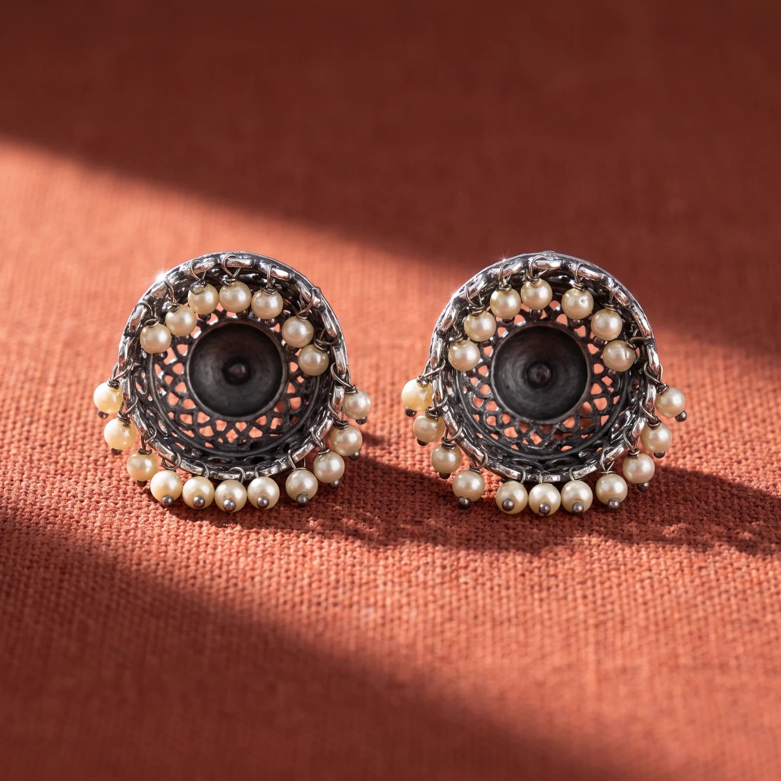 Oxidised Silver Pearl-Beaded Jhumka Earrings